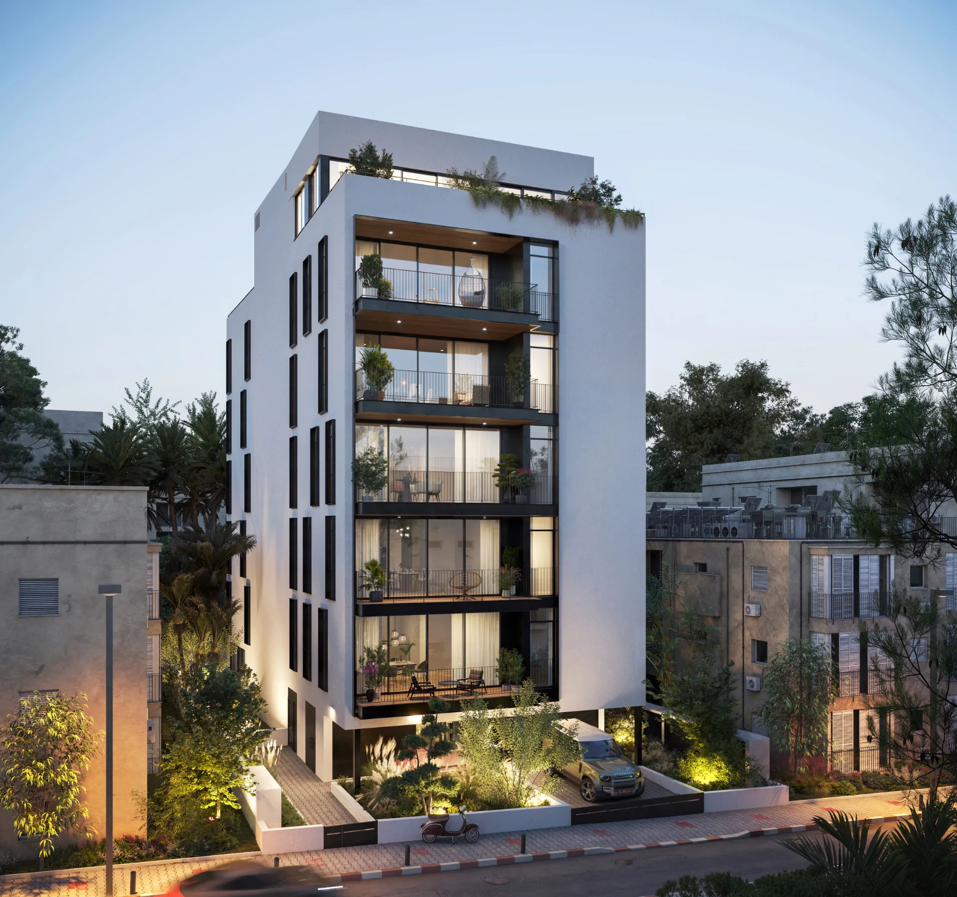 Façade extérieure de HaMaccabi 3 au crépuscule