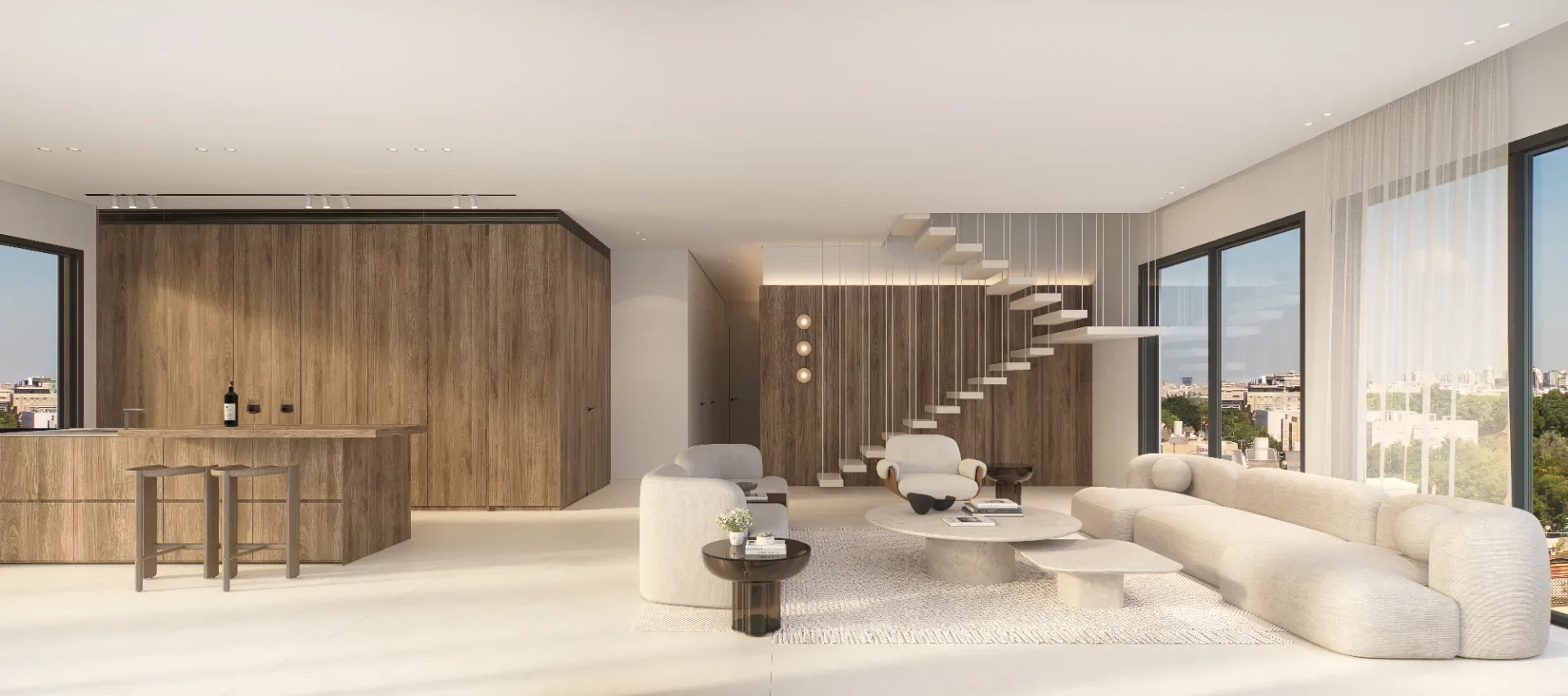 Séjour intérieur du penthouse avec escalier suspendu