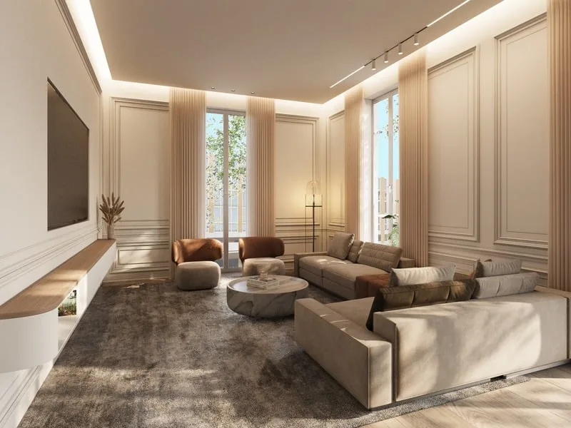 Séjour classique avec moulures et hauteur sous plafond remarquable