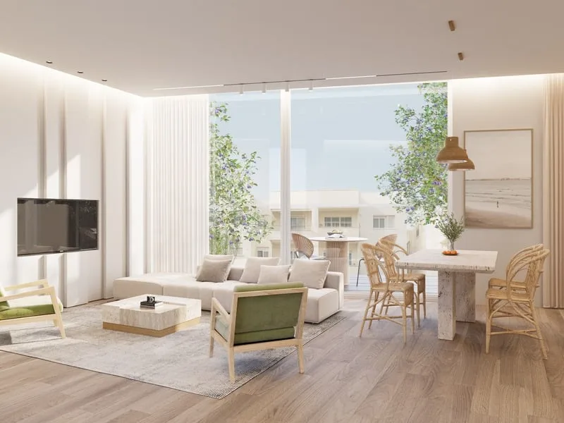 Salon chaleureux avec îlot en marbre et vue sur arbres