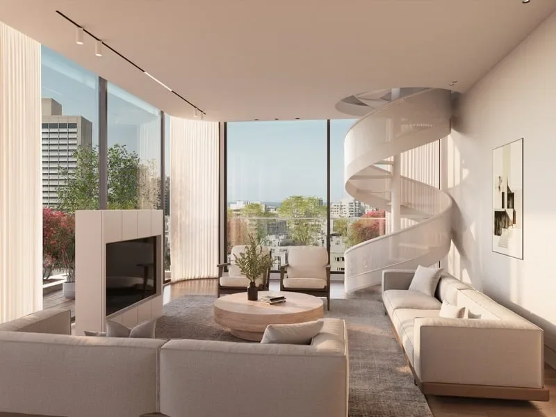 Salon duplex avec escalier hélicoïdal et vue panoramique