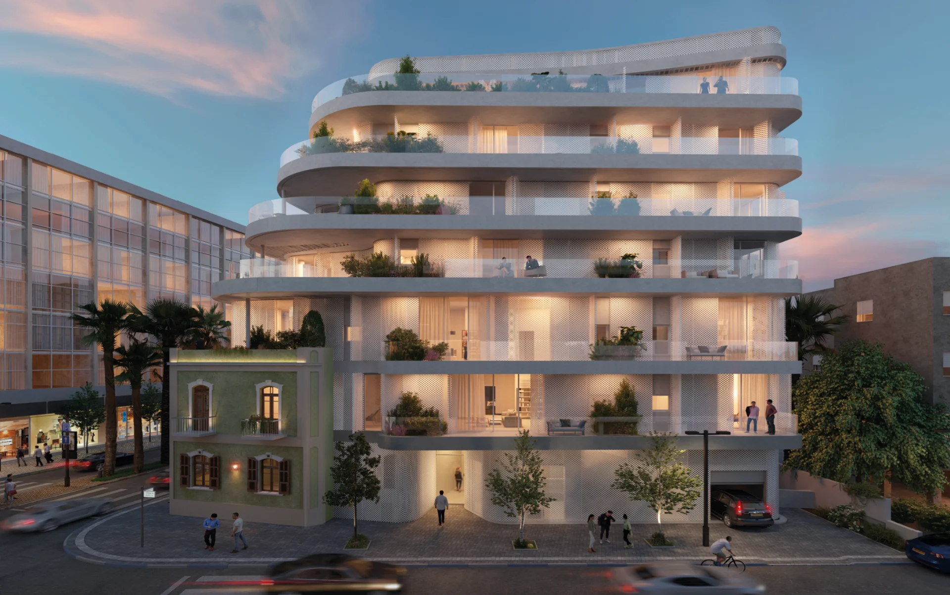 Façade extérieure du projet ONCE au crépuscule