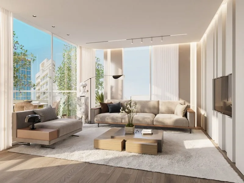 Grand salon épuré avec parquet et baies vitrées