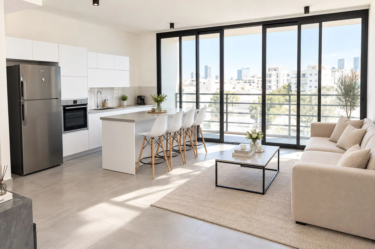 Salon lumineux avec vue sur la ville