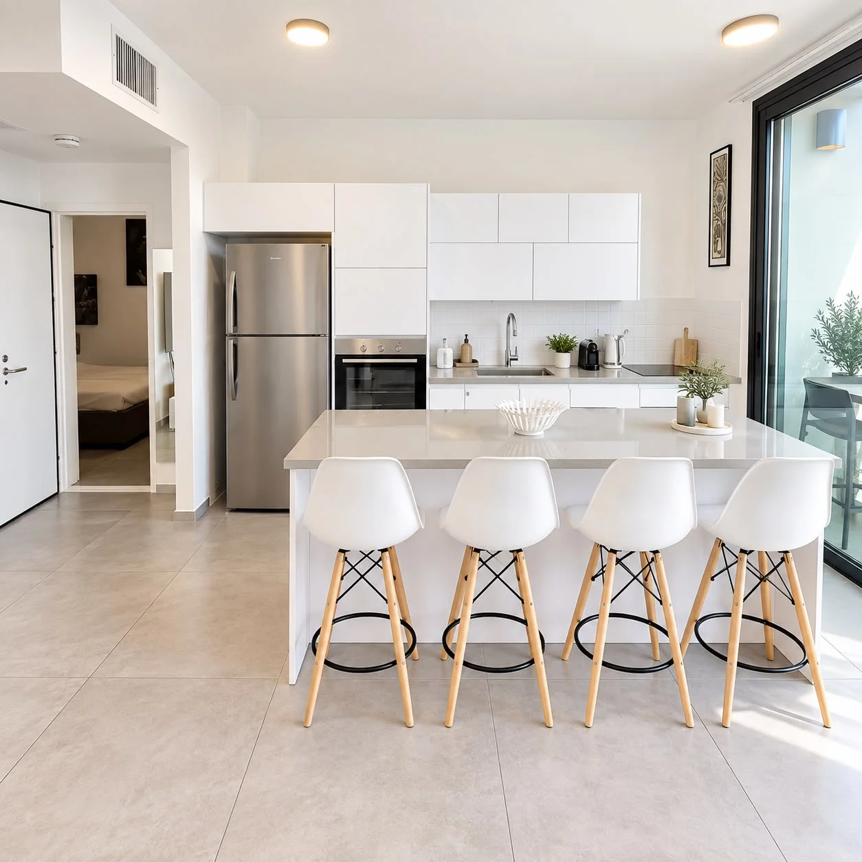 Cuisine ouverte avec îlot et tabourets design