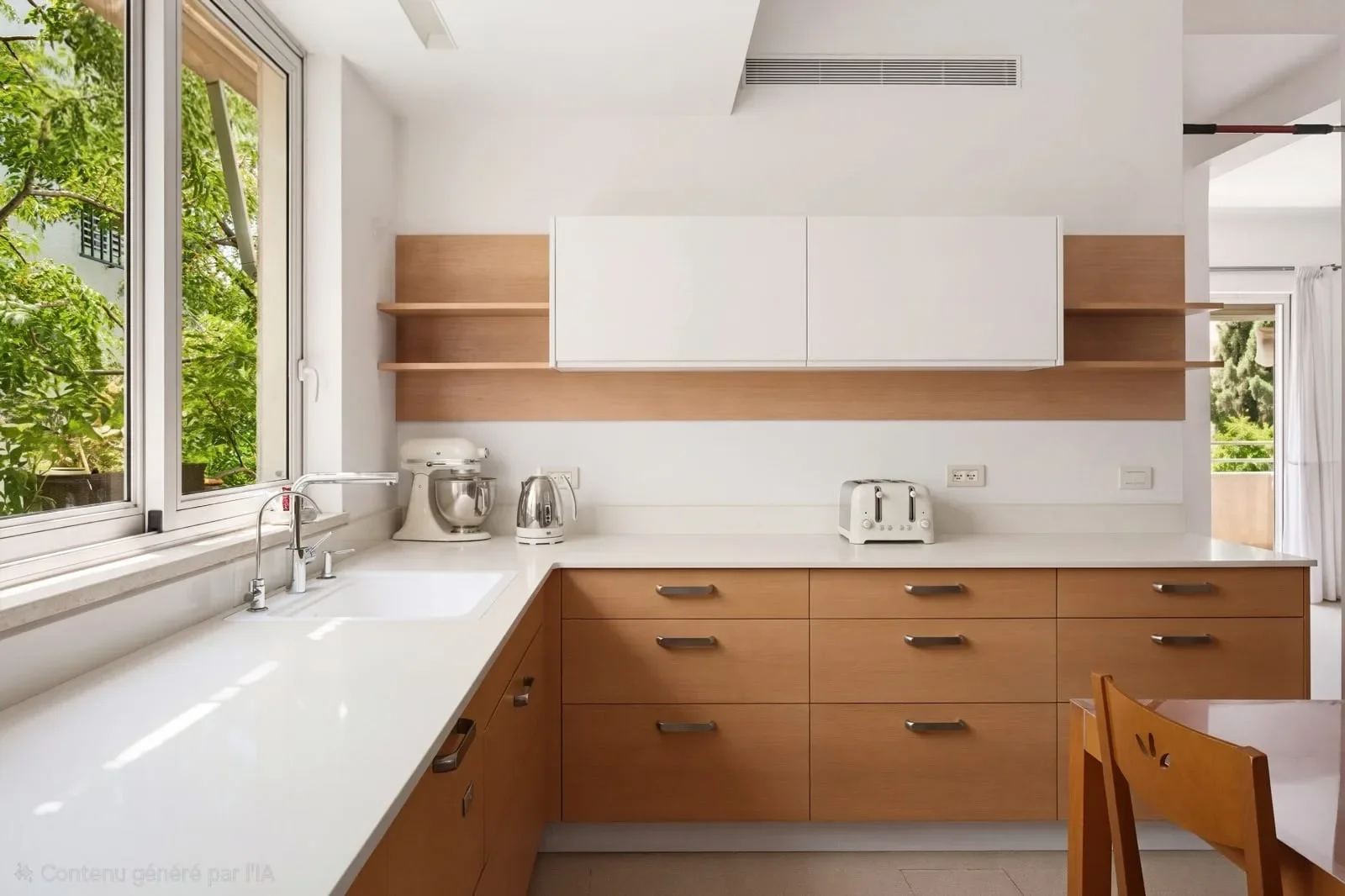 Cuisine avec plan de travail blanc et placards en bois