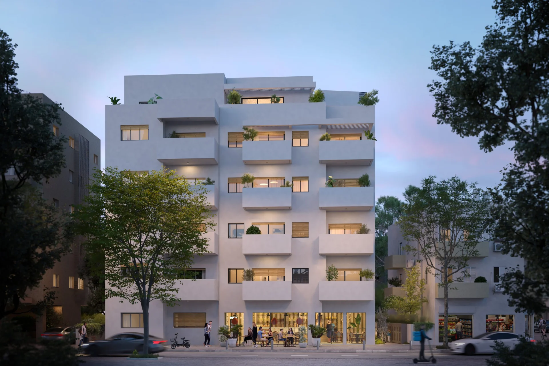 Façade de l'immeuble Pinsker de nuit