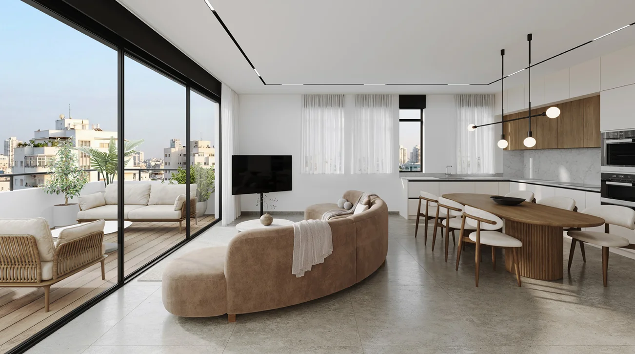 Grand salon duplex avec plafond béton et accès terrasse