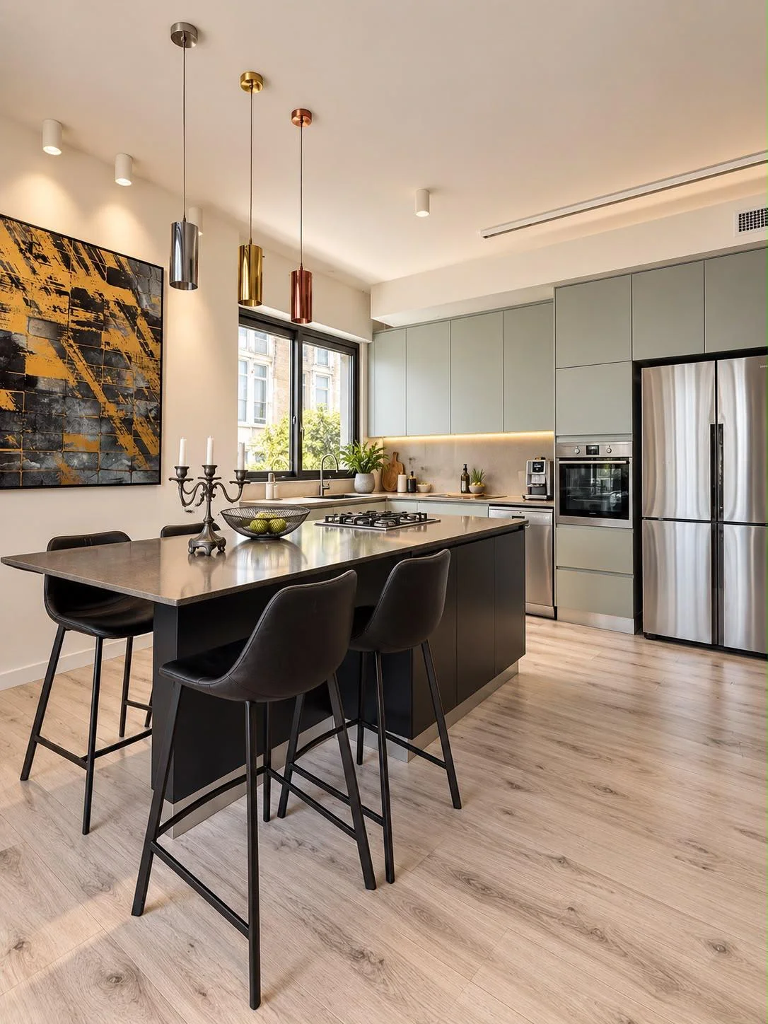 Cuisine moderne avec îlot central et tabourets noirs